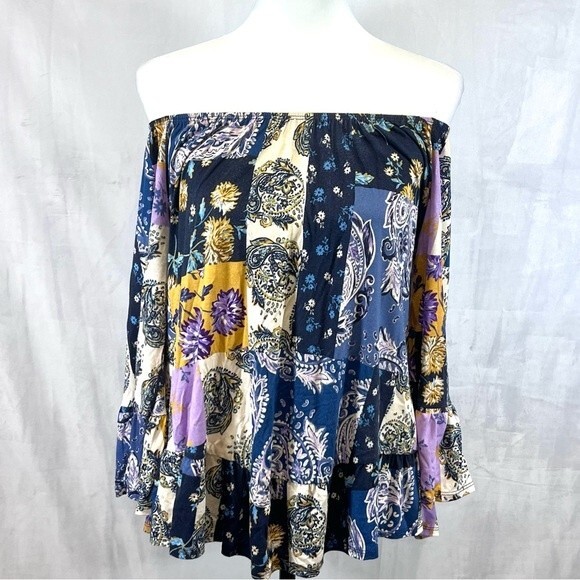 Style & Co on or off shoulder boho patchwork print long bell sleeve top size XS - Picture 4 of 8